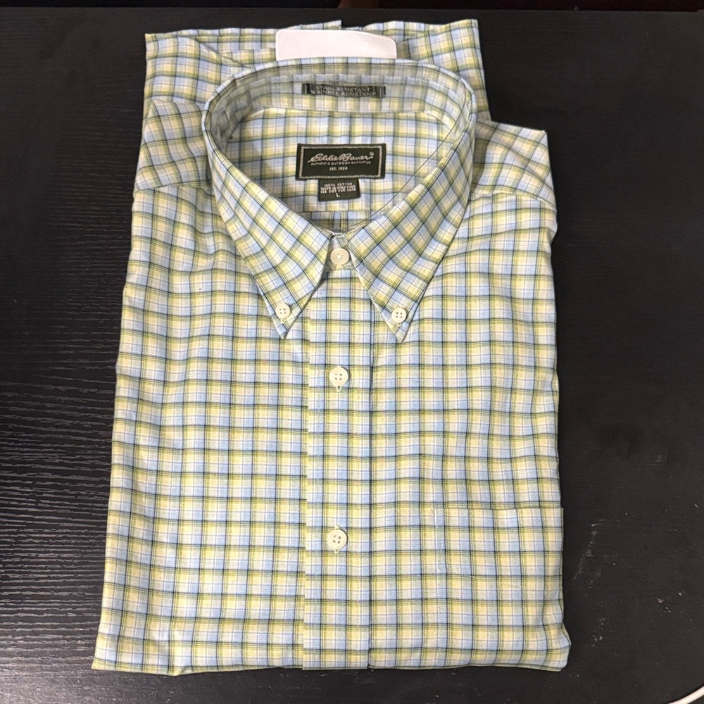 Eddie Bauer Men's Casual Yellow and Blue Checkered Shirt